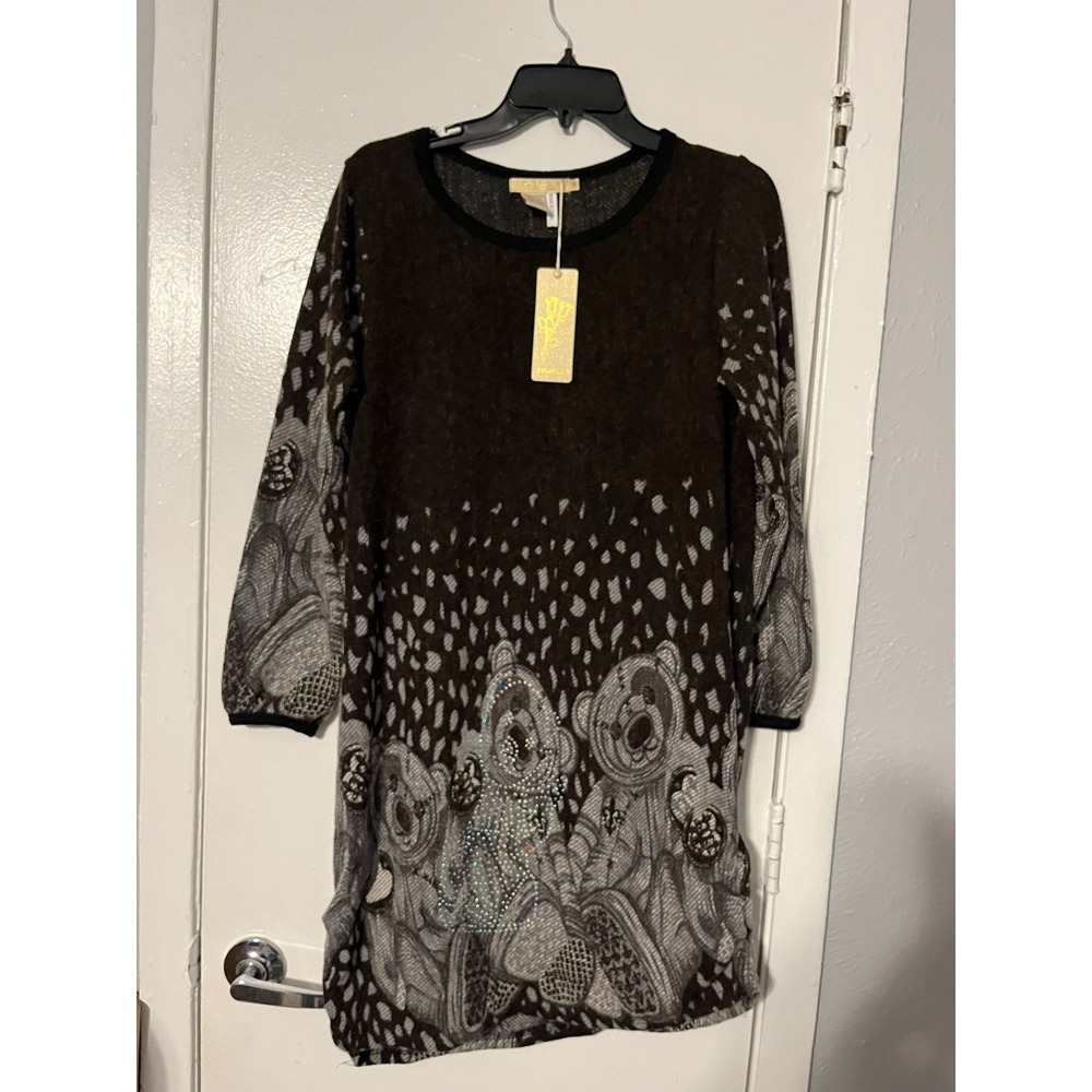 Michael K Teddy Bear Rhinestone Knit Sweater Dress Brown Gray Womens Medium NEW